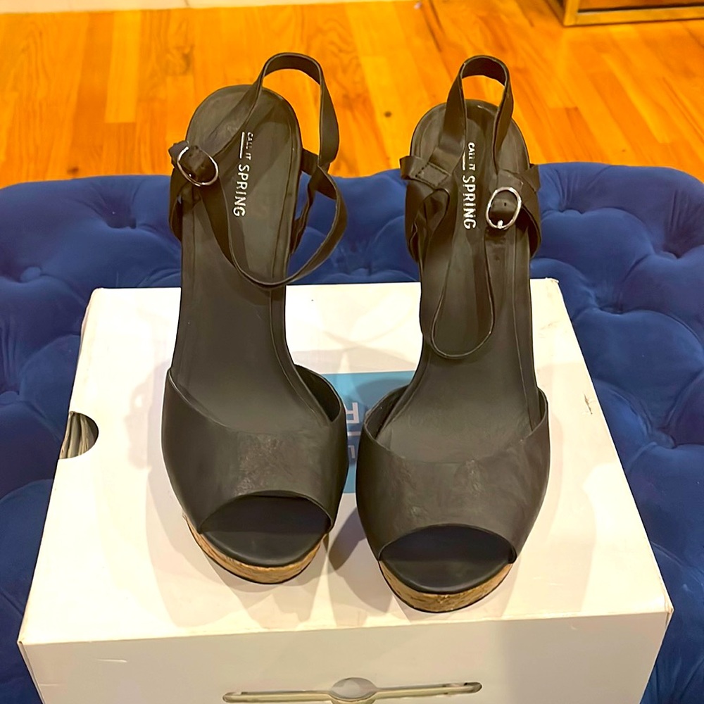 Black Leather Cork heel wedges